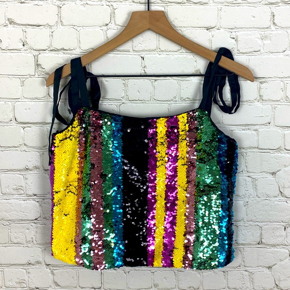 SOLD! Zara Multicolor Sequin Tie Shoulder Top - Picture 2 of 8